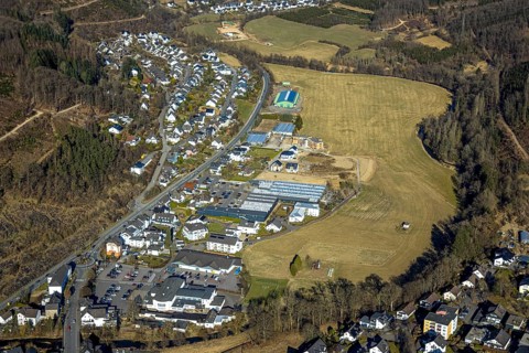 Aerial view, residential area hilly landscape and forest area with forest damage, Heinsberg,