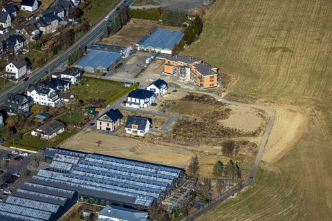 Aerial view, residential area hilly landscape and forest area with forest damage, Heinsberg,