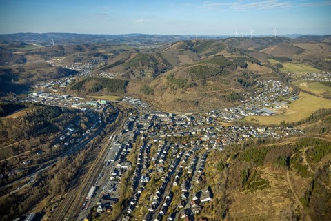 Aerial view, residential area hilly landscape and forest area with forest damage, Altenhundem