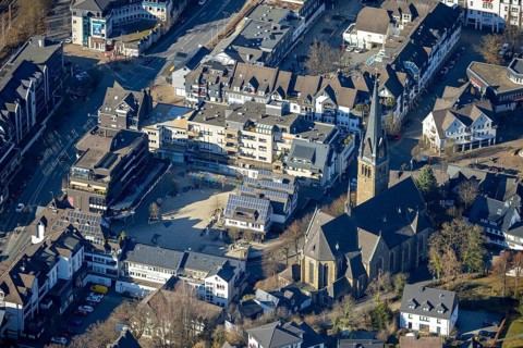Aerial view, Church of St. Agatha and market place, Altenhundem, Lennestadt, Sauerland, North