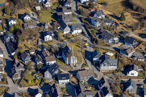 Aerial view, residential area town centre with catholic church St. Katharina Heinsberg,