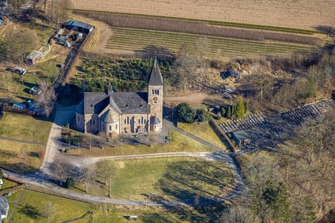 Aerial view, parish church Herz-Jesu Albaum Albaum, Kirchhundem, Sauerland, North Rhine-Westphalia,