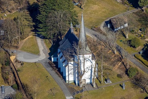 Aerial view, catholic church St. Lambertus, Oberhundem, Kirchhundem, Sauerland, North