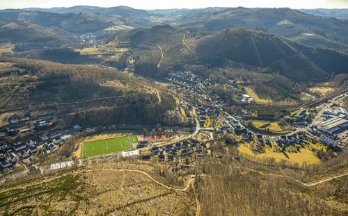 Aerial view, football stadium sports field FC Kirchhundem and tennis courts TC Rot-Weiß Kirchhundem
