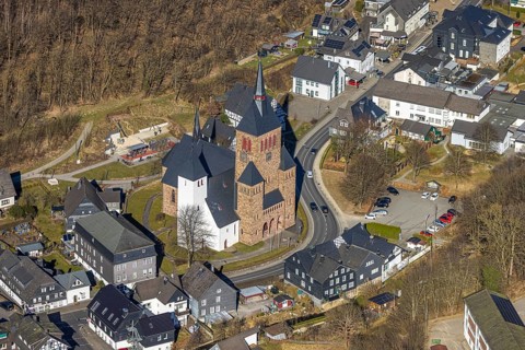 Aerial view, Church of St. Peter and Paul, Kirchhundem, Sauerland, North Rhine-Westphalia, Germany,