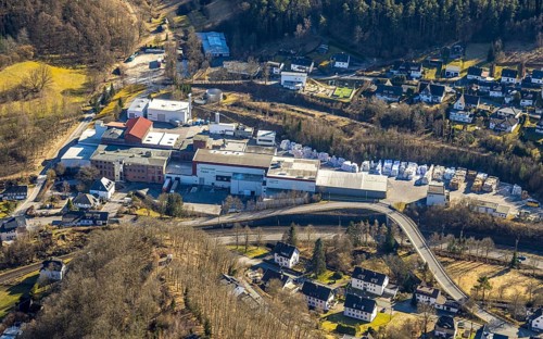 Aerial view, Grünewald Papier factory premises, view of the village and curved Antoniusstraße with