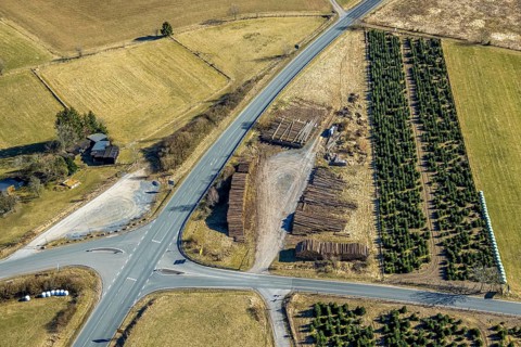 Aerial view, lumberyard at the state road L728, Brachthausen, Kirchhundem, Sauerland, North