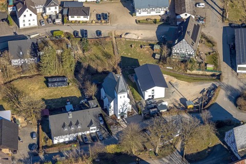 Aerial view, St. Antonius parish church in the town centre, Marmecke, Kirchhundem, Sauerland, North