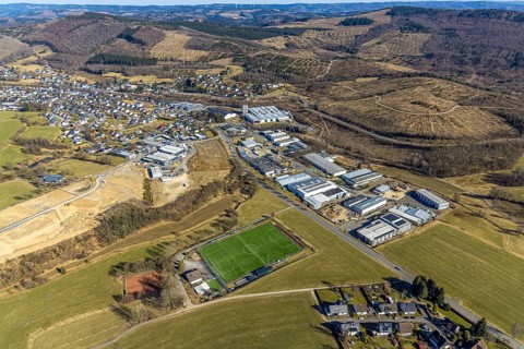 Aerial view, commercial area In der Welsmicke, football stadium sports ground SV Rahrbachtal 1989 e