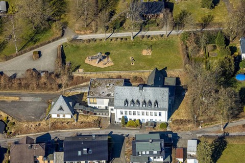 Aerial view, Alte Schule Hochstraße and playground Rahrbach, Rahrbach, Kirchhundem, Sauerland,