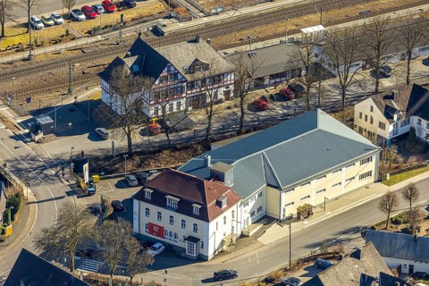 Aerial view, half-timbered station building Kirchhundem-Welschen Ennest railway station, tracks and