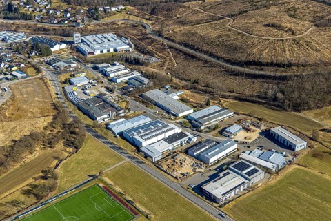 Aerial view, commercial area In der Welsmicke with Mennekes factory - manufacturer of electronic