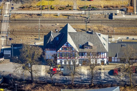 Aerial view, half-timbered station building Kirchhundem-Welschen Ennest railway station, tracks and