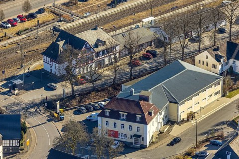Aerial view, half-timbered station building Kirchhundem-Welschen Ennest railway station, tracks and