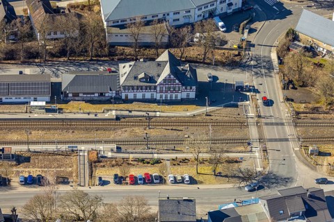 Aerial view, half-timbered station building Kirchhundem-Welschen Ennest railway station, tracks and