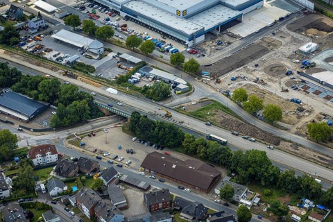 Aerial view, large construction site motorway junction Herne with tunnel construction, motorway A43
