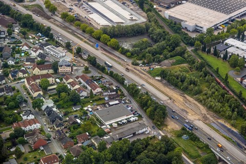 Aerial view, large construction site motorway junction Herne with tunnel construction, motorway A43
