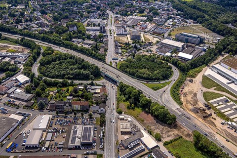 Aerial view, large construction site motorway junction Herne with tunnel construction, motorway A43