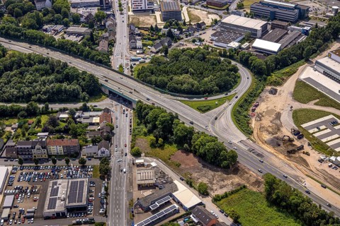 Aerial view, large construction site motorway junction Herne with tunnel construction, motorway A43