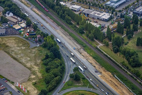 Aerial view, large construction site motorway junction Herne with tunnel construction, motorway A43