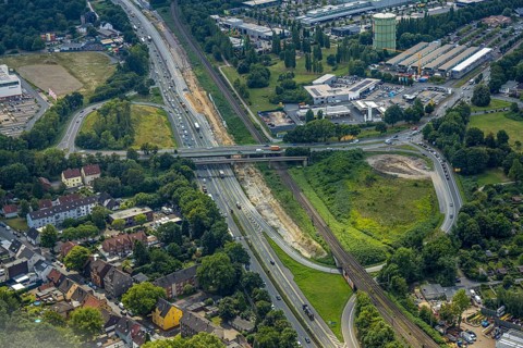 Aerial view, large construction site motorway junction Herne with tunnel construction, motorway A43