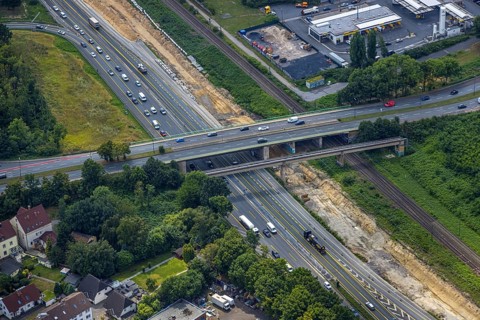 Aerial view, large construction site motorway junction Herne with tunnel construction, motorway A43