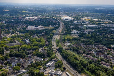 Aerial view, large construction site motorway junction Herne with tunnel construction, motorway A43