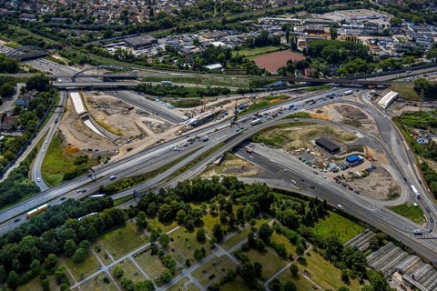 Aerial view, large construction site motorway junction Herne with tunnel construction, motorway A43