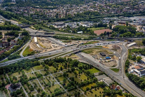 Aerial view, large construction site motorway junction Herne with tunnel construction, motorway A43