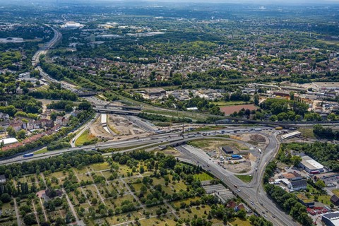 Aerial view, large construction site motorway junction Herne with tunnel construction, motorway A43