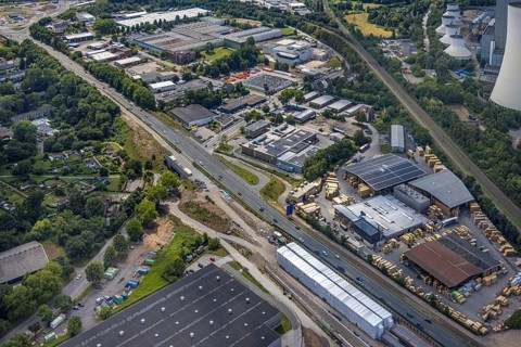 Aerial view, large construction site motorway junction Herne with tunnel construction, motorway A43