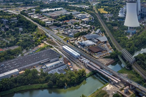 Aerial view, large construction site motorway junction Herne with tunnel construction, motorway A43