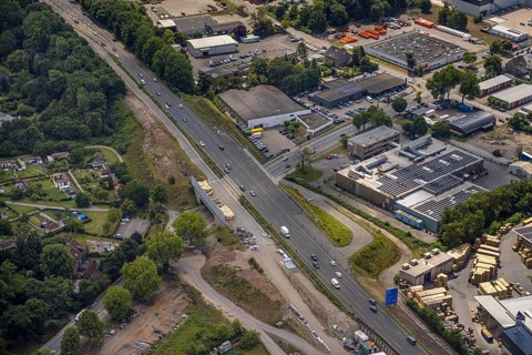 Aerial view, large construction site motorway junction Herne with tunnel construction, motorway A43