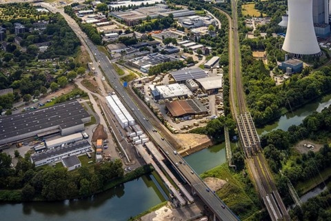 Aerial view, large construction site motorway junction Herne with tunnel construction, motorway A43