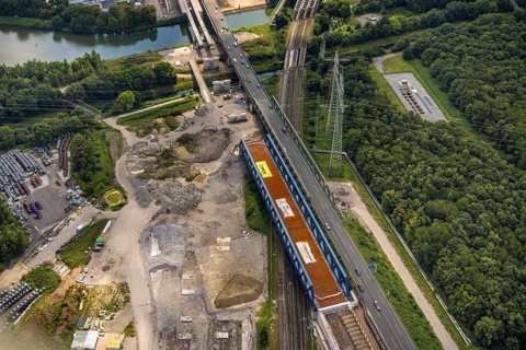Aerial view, large construction site motorway junction Herne with tunnel construction, motorway A43