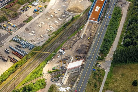 Aerial view, large construction site motorway junction Herne with tunnel construction, motorway A43