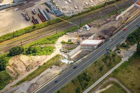 Aerial view, large construction site motorway junction Herne with tunnel construction, motorway A43