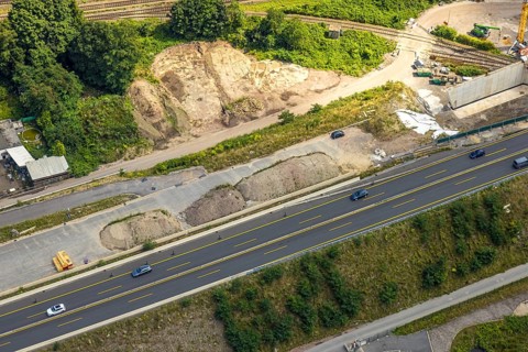Aerial view, large construction site motorway junction Herne with tunnel construction, motorway A43