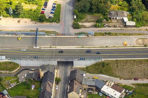 Aerial view, large construction site motorway junction Herne with tunnel construction, motorway A43