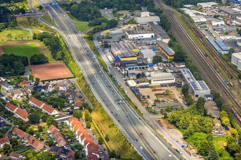 Aerial view, large construction site motorway junction Herne with tunnel construction, motorway A43