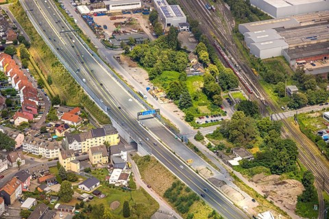 Aerial view, large construction site motorway junction Herne with tunnel construction, motorway A43