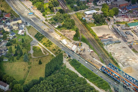 Aerial view, large construction site motorway junction Herne with tunnel construction, motorway A43