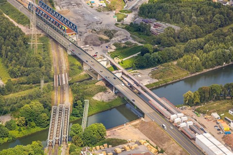 Aerial view, large construction site motorway junction Herne with tunnel construction, motorway A43