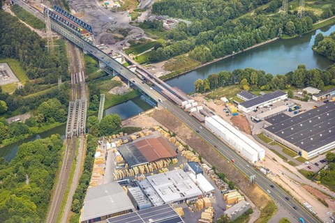 Aerial view, large construction site motorway junction Herne with tunnel construction, motorway A43