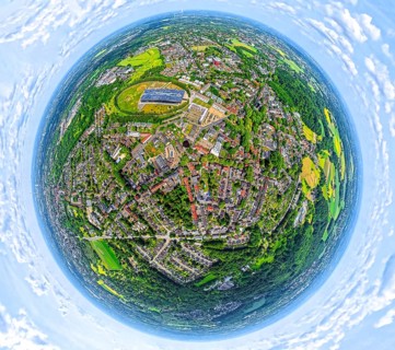 Residential area local view Sodingen with academy Mont-Cenis and tree avenue circle, globe, fisheye
