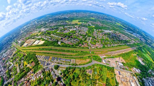 Horsthausen goods station and new residential area Horsthauser Straße, globe, fisheye image,
