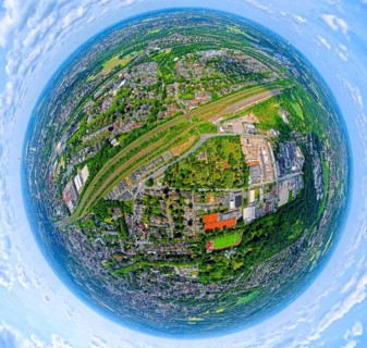 Horsthausen goods station and new residential area Horsthauser Straße, globe, fisheye image,