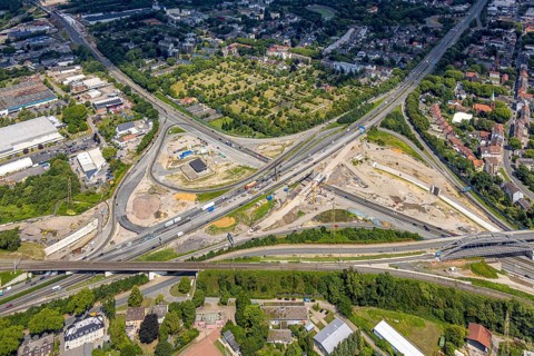 Aerial view, large construction site motorway junction Herne with tunnel construction, motorway A43