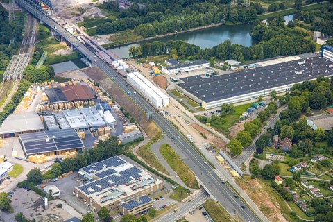 Aerial view, large construction site motorway junction Herne with tunnel construction, motorway A43