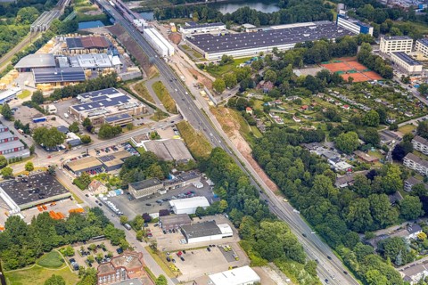 Aerial view, large construction site motorway junction Herne with tunnel construction, motorway A43